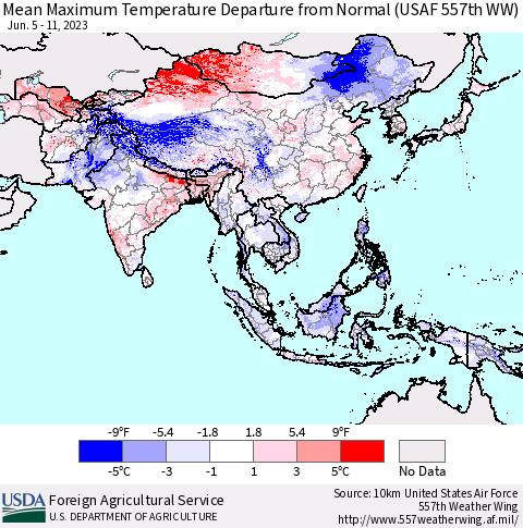 Asia Mean Maximum Temperature Departure from Normal (USAF 557th WW) Thematic Map For 6/5/2023 - 6/11/2023