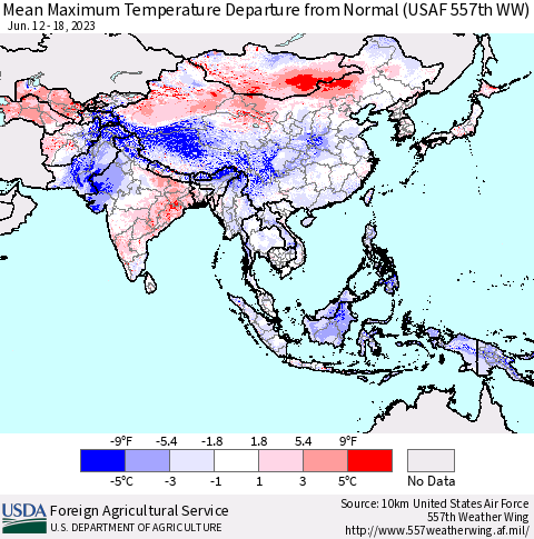 Asia Mean Maximum Temperature Departure from Normal (USAF 557th WW) Thematic Map For 6/12/2023 - 6/18/2023