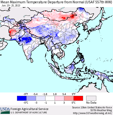 Asia Mean Maximum Temperature Departure from Normal (USAF 557th WW) Thematic Map For 6/19/2023 - 6/25/2023