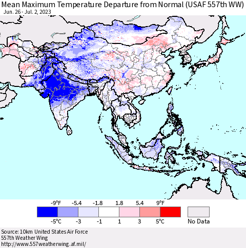 Asia Mean Maximum Temperature Departure from Normal (USAF 557th WW) Thematic Map For 6/26/2023 - 7/2/2023