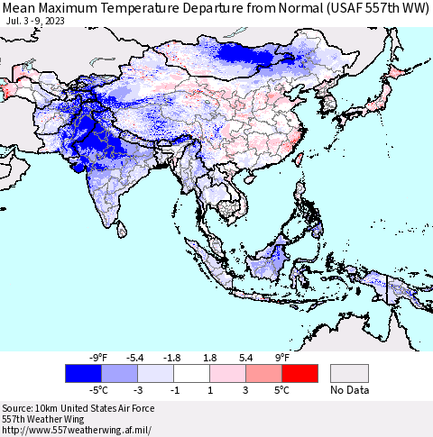 Asia Mean Maximum Temperature Departure from Normal (USAF 557th WW) Thematic Map For 7/3/2023 - 7/9/2023