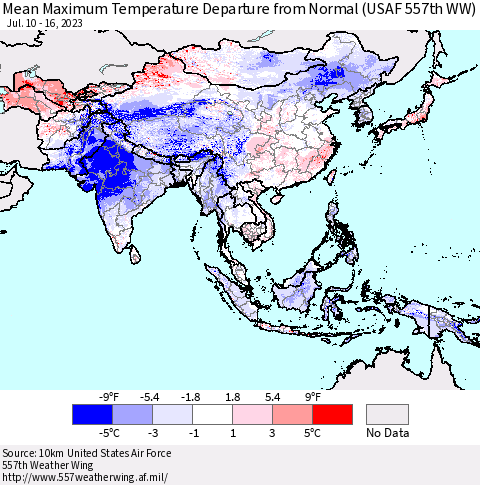 Asia Mean Maximum Temperature Departure from Normal (USAF 557th WW) Thematic Map For 7/10/2023 - 7/16/2023