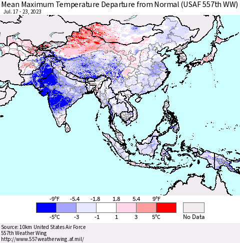 Asia Mean Maximum Temperature Departure from Normal (USAF 557th WW) Thematic Map For 7/17/2023 - 7/23/2023