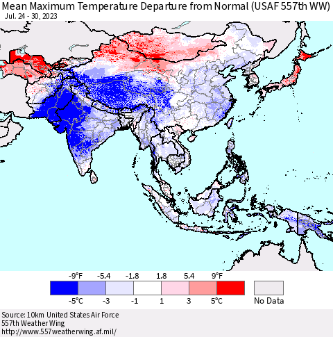 Asia Mean Maximum Temperature Departure from Normal (USAF 557th WW) Thematic Map For 7/24/2023 - 7/30/2023