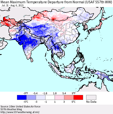 Asia Mean Maximum Temperature Departure from Normal (USAF 557th WW) Thematic Map For 7/31/2023 - 8/6/2023