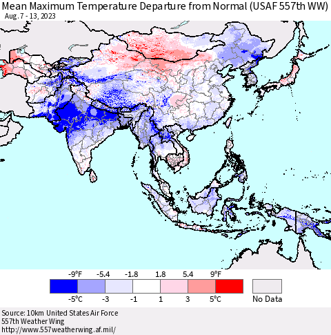 Asia Mean Maximum Temperature Departure from Normal (USAF 557th WW) Thematic Map For 8/7/2023 - 8/13/2023