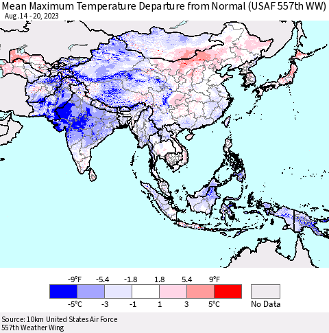 Asia Mean Maximum Temperature Departure from Normal (USAF 557th WW) Thematic Map For 8/14/2023 - 8/20/2023
