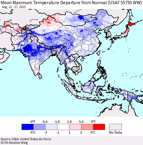Asia Mean Maximum Temperature Departure from Normal (USAF 557th WW) Thematic Map For 8/21/2023 - 8/27/2023