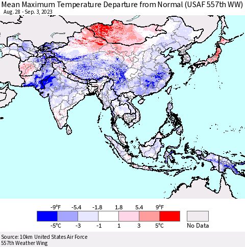 Asia Mean Maximum Temperature Departure from Normal (USAF 557th WW) Thematic Map For 8/28/2023 - 9/3/2023