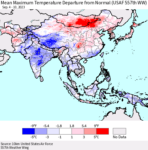 Asia Mean Maximum Temperature Departure from Normal (USAF 557th WW) Thematic Map For 9/4/2023 - 9/10/2023
