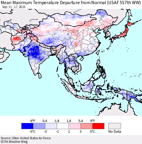 Asia Mean Maximum Temperature Departure from Normal (USAF 557th WW) Thematic Map For 9/11/2023 - 9/17/2023