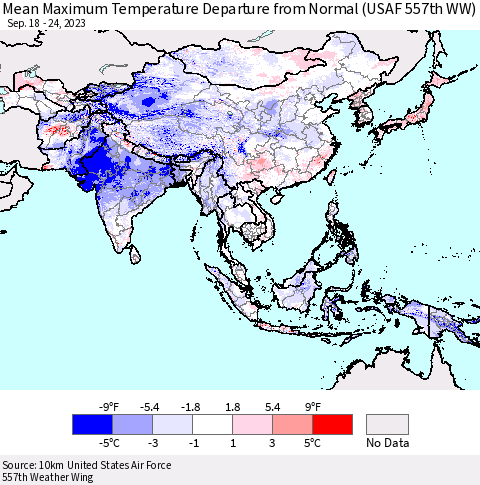 Asia Mean Maximum Temperature Departure from Normal (USAF 557th WW) Thematic Map For 9/18/2023 - 9/24/2023