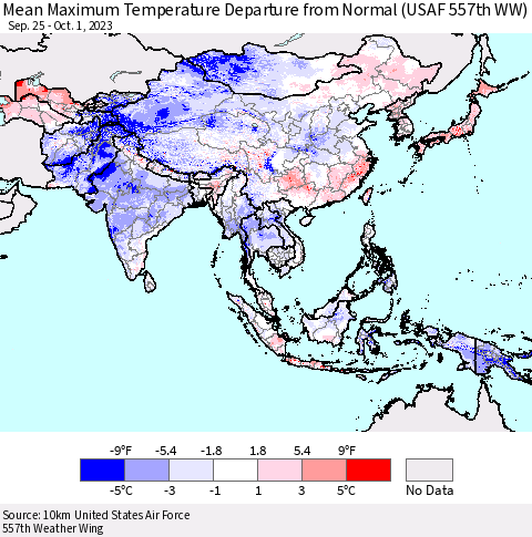 Asia Mean Maximum Temperature Departure from Normal (USAF 557th WW) Thematic Map For 9/25/2023 - 10/1/2023