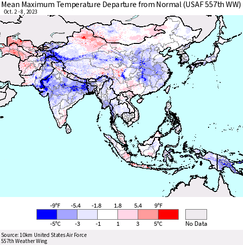 Asia Mean Maximum Temperature Departure from Normal (USAF 557th WW) Thematic Map For 10/2/2023 - 10/8/2023