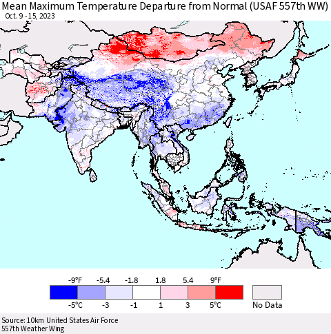 Asia Mean Maximum Temperature Departure from Normal (USAF 557th WW) Thematic Map For 10/9/2023 - 10/15/2023