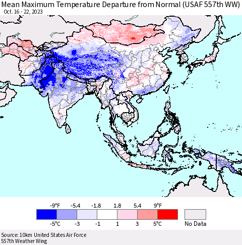 Asia Mean Maximum Temperature Departure from Normal (USAF 557th WW) Thematic Map For 10/16/2023 - 10/22/2023