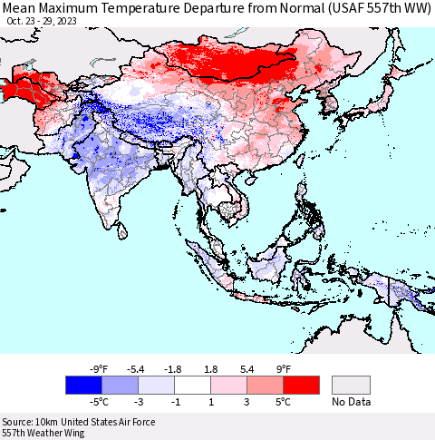 Asia Mean Maximum Temperature Departure from Normal (USAF 557th WW) Thematic Map For 10/23/2023 - 10/29/2023