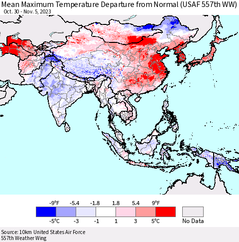 Asia Mean Maximum Temperature Departure from Normal (USAF 557th WW) Thematic Map For 10/30/2023 - 11/5/2023