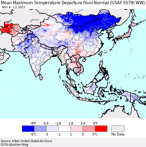 Asia Mean Maximum Temperature Departure from Normal (USAF 557th WW) Thematic Map For 11/6/2023 - 11/12/2023