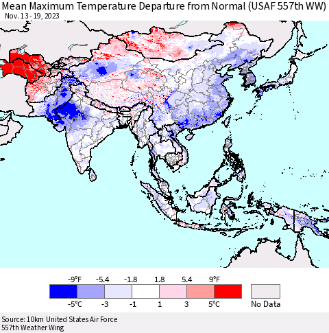 Asia Mean Maximum Temperature Departure from Normal (USAF 557th WW) Thematic Map For 11/13/2023 - 11/19/2023
