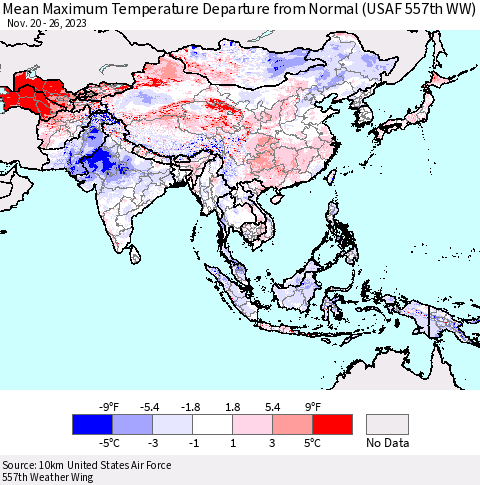 Asia Mean Maximum Temperature Departure from Normal (USAF 557th WW) Thematic Map For 11/20/2023 - 11/26/2023