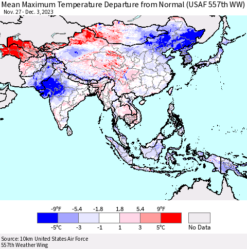 Asia Mean Maximum Temperature Departure from Normal (USAF 557th WW) Thematic Map For 11/27/2023 - 12/3/2023