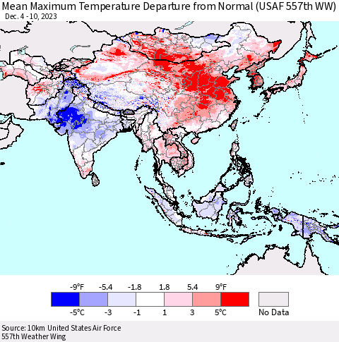 Asia Mean Maximum Temperature Departure from Normal (USAF 557th WW) Thematic Map For 12/4/2023 - 12/10/2023