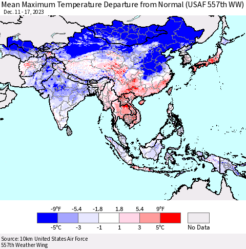 Asia Mean Maximum Temperature Departure from Normal (USAF 557th WW) Thematic Map For 12/11/2023 - 12/17/2023