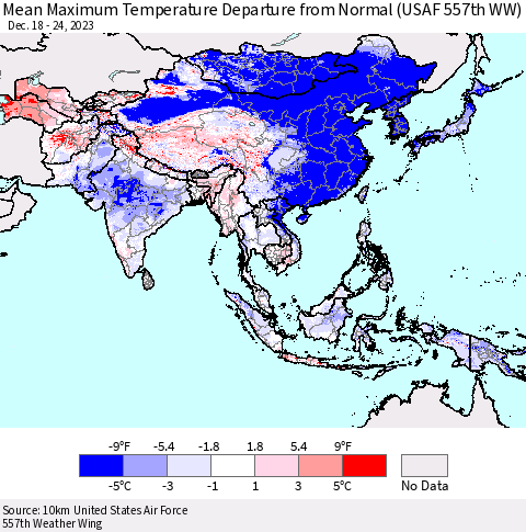 Asia Mean Maximum Temperature Departure from Normal (USAF 557th WW) Thematic Map For 12/18/2023 - 12/24/2023