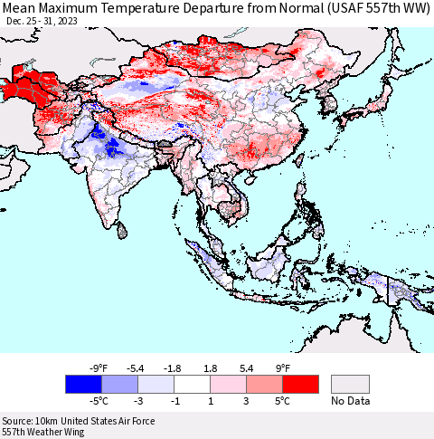 Asia Mean Maximum Temperature Departure from Normal (USAF 557th WW) Thematic Map For 12/25/2023 - 12/31/2023