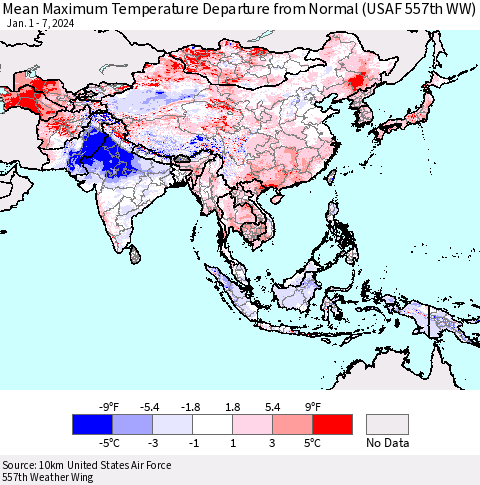 Asia Mean Maximum Temperature Departure from Normal (USAF 557th WW) Thematic Map For 1/1/2024 - 1/7/2024