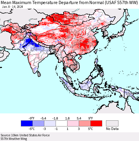 Asia Mean Maximum Temperature Departure from Normal (USAF 557th WW) Thematic Map For 1/8/2024 - 1/14/2024
