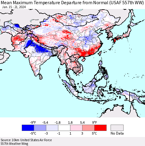 Asia Mean Maximum Temperature Departure from Normal (USAF 557th WW) Thematic Map For 1/15/2024 - 1/21/2024