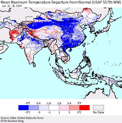 Asia Mean Maximum Temperature Departure from Normal (USAF 557th WW) Thematic Map For 1/22/2024 - 1/28/2024