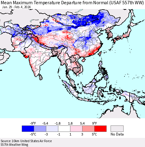 Asia Mean Maximum Temperature Departure from Normal (USAF 557th WW) Thematic Map For 1/29/2024 - 2/4/2024
