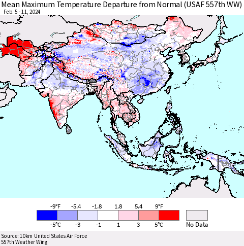 Asia Mean Maximum Temperature Departure from Normal (USAF 557th WW) Thematic Map For 2/5/2024 - 2/11/2024