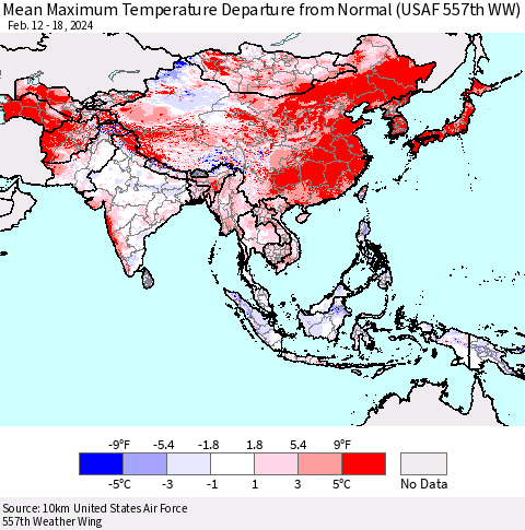 Asia Mean Maximum Temperature Departure from Normal (USAF 557th WW) Thematic Map For 2/12/2024 - 2/18/2024