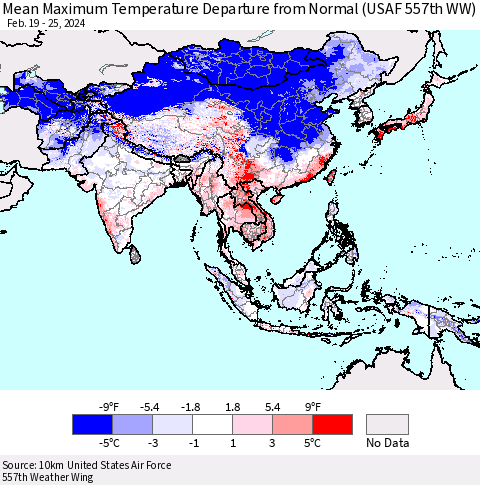 Asia Mean Maximum Temperature Departure from Normal (USAF 557th WW) Thematic Map For 2/19/2024 - 2/25/2024