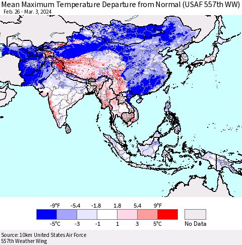Asia Mean Maximum Temperature Departure from Normal (USAF 557th WW) Thematic Map For 2/26/2024 - 3/3/2024