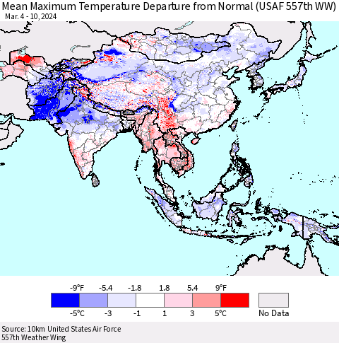 Asia Mean Maximum Temperature Departure from Normal (USAF 557th WW) Thematic Map For 3/4/2024 - 3/10/2024