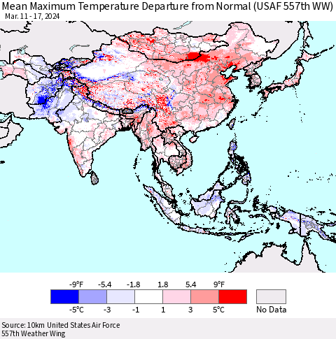 Asia Mean Maximum Temperature Departure from Normal (USAF 557th WW) Thematic Map For 3/11/2024 - 3/17/2024