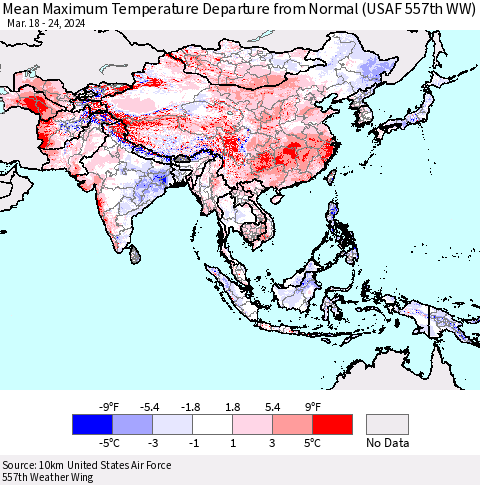 Asia Mean Maximum Temperature Departure from Normal (USAF 557th WW) Thematic Map For 3/18/2024 - 3/24/2024