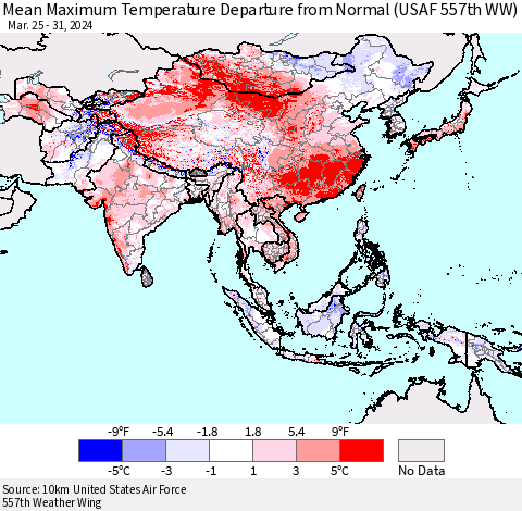 Asia Mean Maximum Temperature Departure from Normal (USAF 557th WW) Thematic Map For 3/25/2024 - 3/31/2024