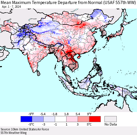 Asia Mean Maximum Temperature Departure from Normal (USAF 557th WW) Thematic Map For 4/1/2024 - 4/7/2024