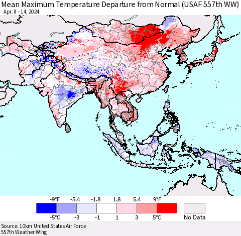 Asia Mean Maximum Temperature Departure from Normal (USAF 557th WW) Thematic Map For 4/8/2024 - 4/14/2024