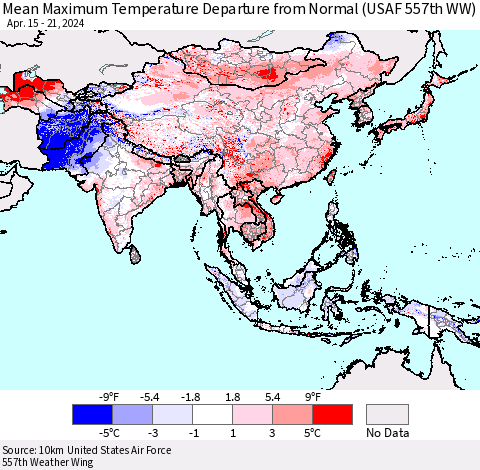 Asia Mean Maximum Temperature Departure from Normal (USAF 557th WW) Thematic Map For 4/15/2024 - 4/21/2024