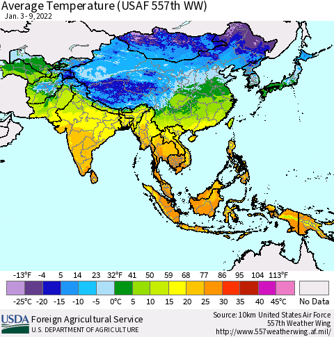 Asia Average Temperature (USAF 557th WW) Thematic Map For 1/3/2022 - 1/9/2022