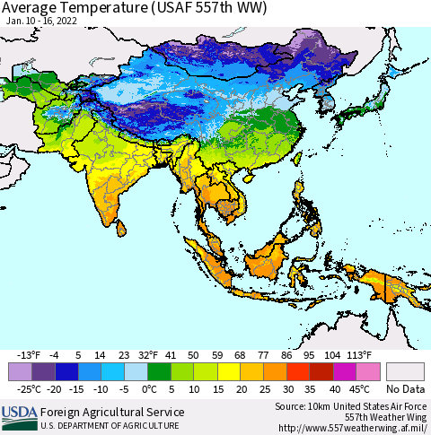 Asia Average Temperature (USAF 557th WW) Thematic Map For 1/10/2022 - 1/16/2022