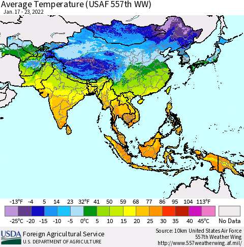 Asia Average Temperature (USAF 557th WW) Thematic Map For 1/17/2022 - 1/23/2022