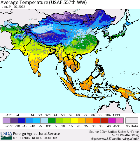 Asia Average Temperature (USAF 557th WW) Thematic Map For 1/24/2022 - 1/30/2022